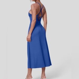Halara Backless Lace Up Midi Flare Slip Dress Side Pockets Blue Size M